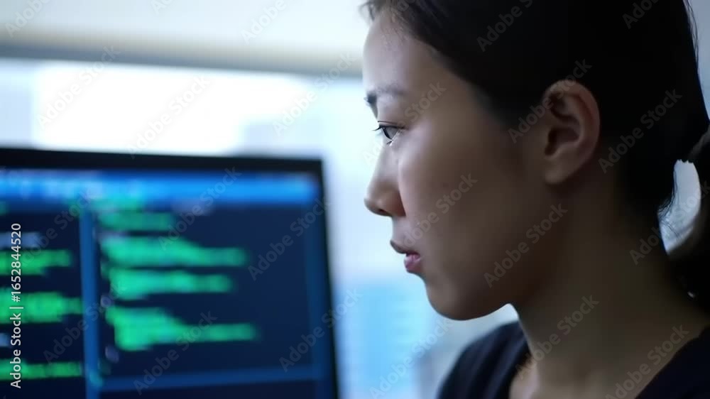 Wall mural focused programmer analyzing code on a computer screen in a modern office environment