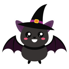 Cute Cartoon Bat Wearing a Witch Hat for Halloween Isolated on White Background Vector Illustration for Kids