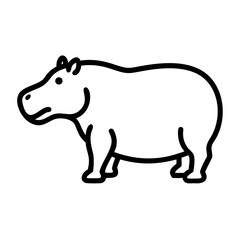 A simple graphic of a hippopotamus standing with a thick outline on a white background surface design