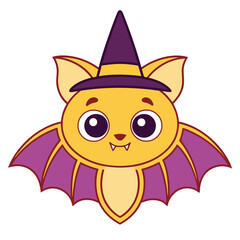 Cute Cartoon Bat Wearing a Witch Hat for Halloween Illustration for Children and Holiday Designs Isolated on White Background