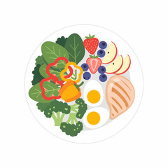 Vibrant Healthy Food Plate with Grilled Chicken Boiled Eggs Fresh Vegetables and Berries in Flat Vector Style.