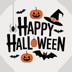Happy Halloween text with pumpkins bats and witch hat lettering