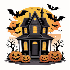 Spooky Haunted House With Bats And Pumpkins halloween