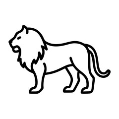 Stylized outline drawing of a feline predator with a prominent mane and a curled tail standing tall