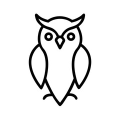 Simple graphic depiction of a stylized owl with large eyes and small beak on a white background design