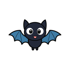 Cute Cartoon Bat Illustration with Big Eyes and Blue Wings on a White Background for Halloween Designs