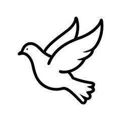 A simple line drawing of a dove in flight with wings spread on a white background is presented here