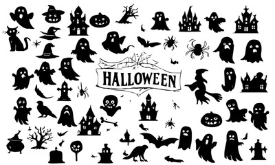 Halloween icons set in vintage engraving style. set of halloween icons, Halloween solid icon set – spooky, creepy, and festive symbols for seasonal designs