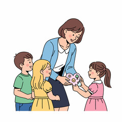 Teacher gifting a heart-shaped item to a student with other children present.
