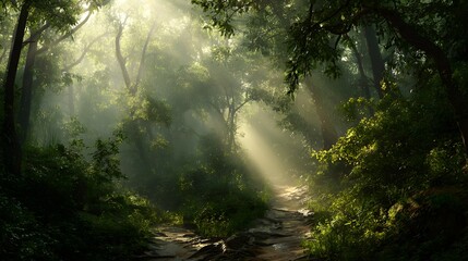 Obraz premium Sunlight streams through a misty forest path, illuminating a vibrant green landscape.