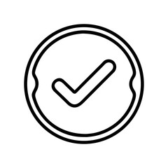 A simple graphic of a check mark inside a double lined circle with small side indentations design element