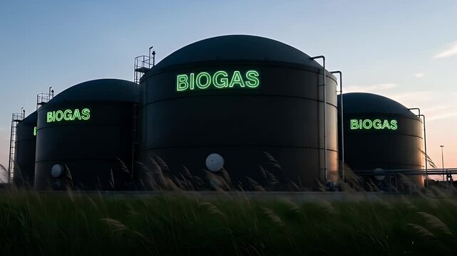 Three large biogas digesters at a renewable energy facility during twilight, showcasing sustainable energy production.