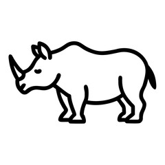 Outline drawing of a rhinoceros standing with its horn visible and a short tail on a white background