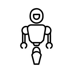 Simple drawing of a futuristic android with a round head and claw hands standing upright on a white background