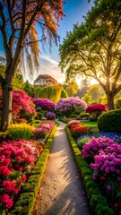 Colorful garden path at sunrise