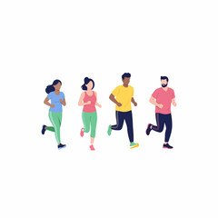 Multiethnic group of four young adults running together in colorful athletic wear.