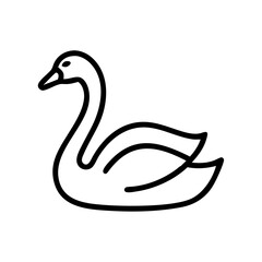 Simple graphic of a swan with a curved neck and minimal details in black outline on white backdrop