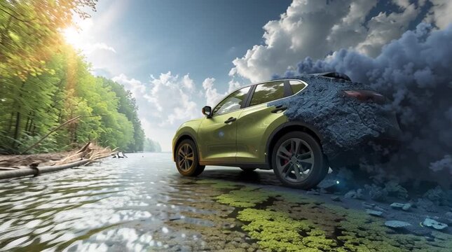 &Eacute;missions de dioxyde de carbone d'une voiture qui affecte l'environnement sur une route dans une for&ecirc;t