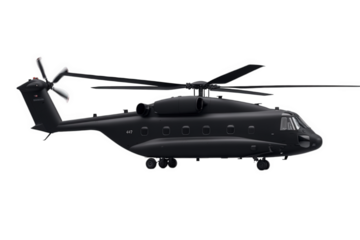 Black heavy lift tandem rotor helicopter isolated on transparent background