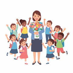 Fototapeta premium Happy Teacher Holding Colorful Flower Bouquet Surrounded by Cheerful Students.
