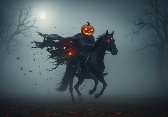 A headless horseman with a pumpkin head riding a black horse in a spooky foggy forest scene