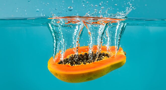 Fresh Half Papaya Splashing in Water Creating Dynamic Water Drops and Ripples Against Teal Background Promoting Healthy Eating and Tropical Vibe