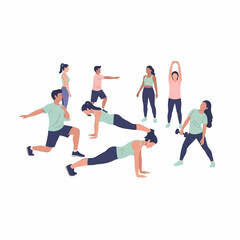 A diverse group of illustrated men and women in sportswear performing various fitness exercises like planks lunges and stretches.