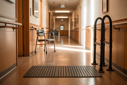 Serene nursing home hallway bathed in sunlight, promoting healing and tranquility, featuring walker and chairs for assisted living and senior care facilities