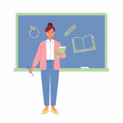 Female Teacher in Front of Chalkboard with Books and Apple.