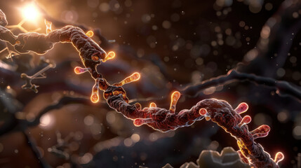 Molecular structure of DNA with glowing nucleotides, showcasing intricate details of genetic material. image captures beauty of life microscopic level, emphasizing complexity of biological systems
