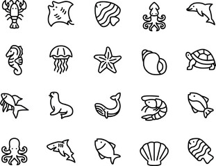 Sea animals vector icon set for marine and underwater designs black silhouette print design