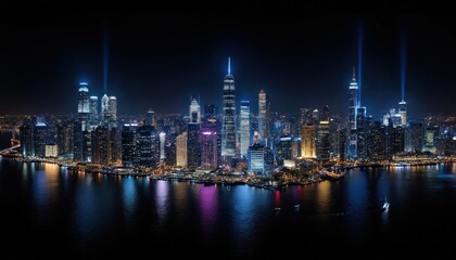 Fototapeta premium Panoramic city skyline at night features illuminated skyscrapers reflecting in water. Modern urban architecture vibrant lights, dramatic dark, moody atmosphere. Downtown business district represents