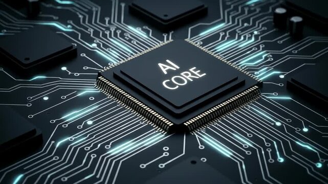 Close-Up Of A Computer Processor With AI Core Glowing On Surface Surrounded By Digital Circuit Board Technology