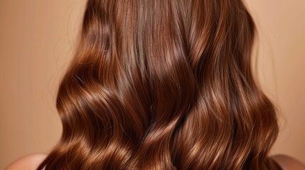 Fototapeta premium Shiny, wavy hair with rich brown color cascades down back, creating luxurious and elegant appearance. smooth texture enhances overall beauty and allure of hairstyle
