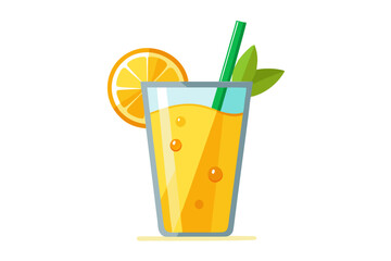 Download this vibrant and refreshing orange juice vector illustration featuring a tall glass filled with bright orange juice and garnished with a lemon slice. 