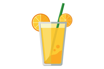 Download this vibrant and refreshing orange juice vector illustration featuring a tall glass filled with bright orange juice and garnished with a lemon slice. 