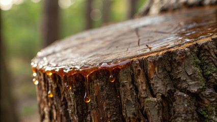 Agarwood resin dripping from cut surface of tree trunk in natural forest setting with warm sunlight creating peaceful mood