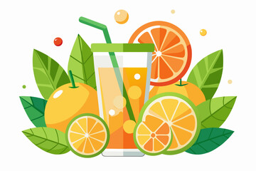 Download this vibrant and refreshing orange juice vector illustration featuring a tall glass filled with bright orange juice and garnished with a lemon slice. 