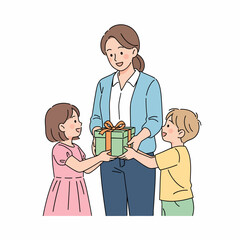 Cartoon Mother Receiving Gift from Children with Happy Expressions.
