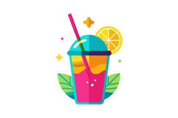Download this vibrant and refreshing orange juice vector illustration featuring a tall glass filled with bright orange juice and garnished with a lemon slice. 
