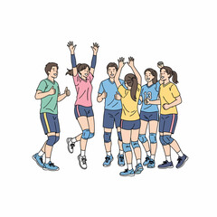 Diverse Volleyball Team Celebrating Victory with High Fives and Thumbs Up.