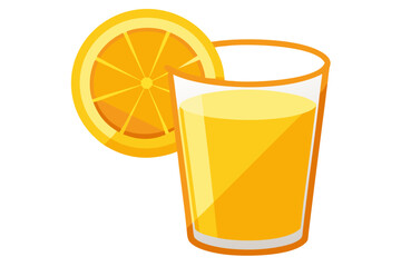 Download this vibrant and refreshing orange juice vector illustration featuring a tall glass filled with bright orange juice and garnished with a lemon slice. 