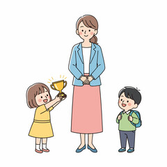 Happy female teacher with two young students a girl presenting a shiny gold trophy and a boy with a backpack.
