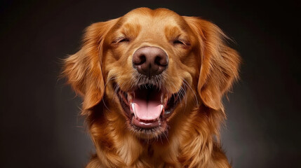 Happy golden retriever with joyful expression, showcasing its playful nature and friendly demeanor. warm tones of fur enhance cheerful atmosphere, making it endearing sight