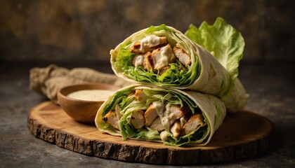 Delicious grilled chicken Caesar salad wrap served on wooden board. Packed with fresh lettuce, creamy Caesar dressing, this flavorful meal is perfect lunch or dinner option. Enjoy healthy, tasty dish.