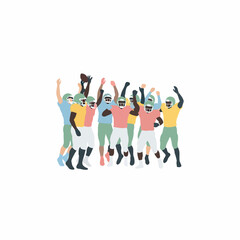Joyful American football players in colorful uniforms celebrating a victory with raised arms.