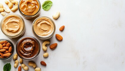 Assorted Nut Butters In Jars: Homemade Raw Organic Peanut, Almond, Cashew, And Pistachio Pastes With Honey And Vanilla. Nourishing Organic Food. Top View Display.