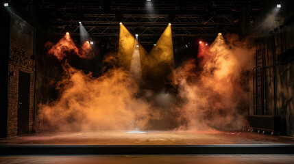 Dramatic stage setting with colorful lighting and smoke creates atmospheric scene, perfect for performances or events. vibrant hues of orange, yellow, and red enhance mood