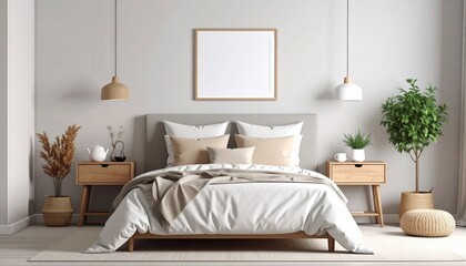 Minimalist bedroom with white and beige bedding, wooden nightstands, potted plants, pendant lights, and neutral decor.