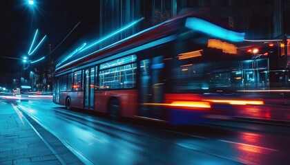 Fototapeta premium Nighttime Street Scene Capturing A Bus Passing By, Utilizing Slow Shutter Speed To Emphasize Motion And Create Visual Interest.